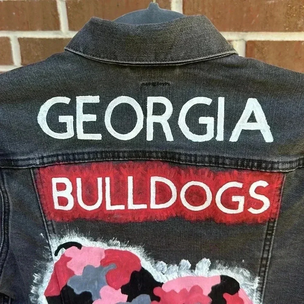 Gap Gameday Campus Core Custom Hand-Painted Georgia Bulldog Camo Jean Jacket SzS - Picture 4 of 7